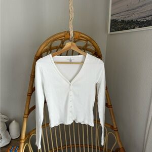 Brandy Melville White Ribbed Long Sleeve Button Front Top